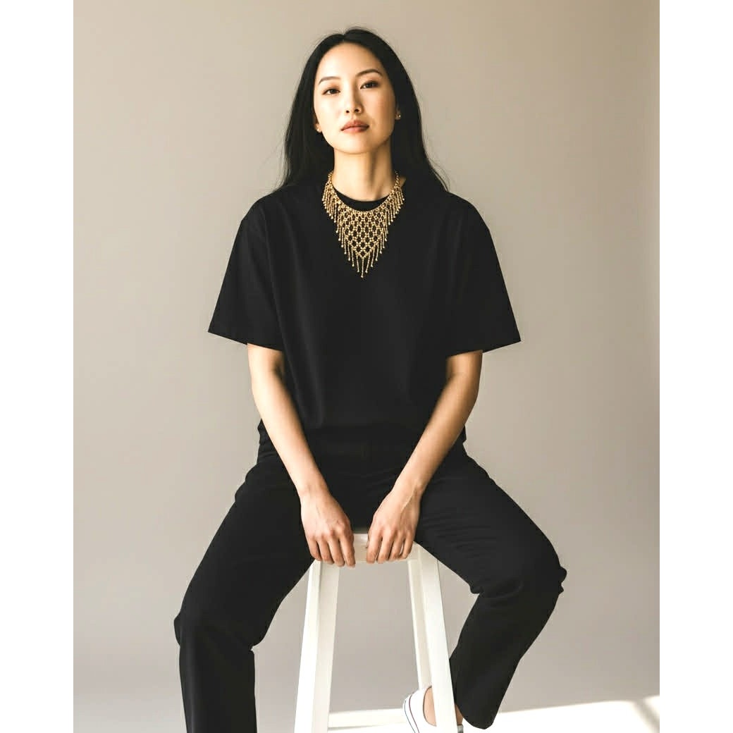 ONLY ONE!!! Vintage Gold Tone Ethnic Triangular Bib Necklace Chime Fringe Statement Jewelry