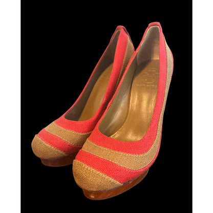 ONLY ONE!!! Tory Burch $250 LIMITED JOELLE Linen Block Platform Heels ~ Size 6M