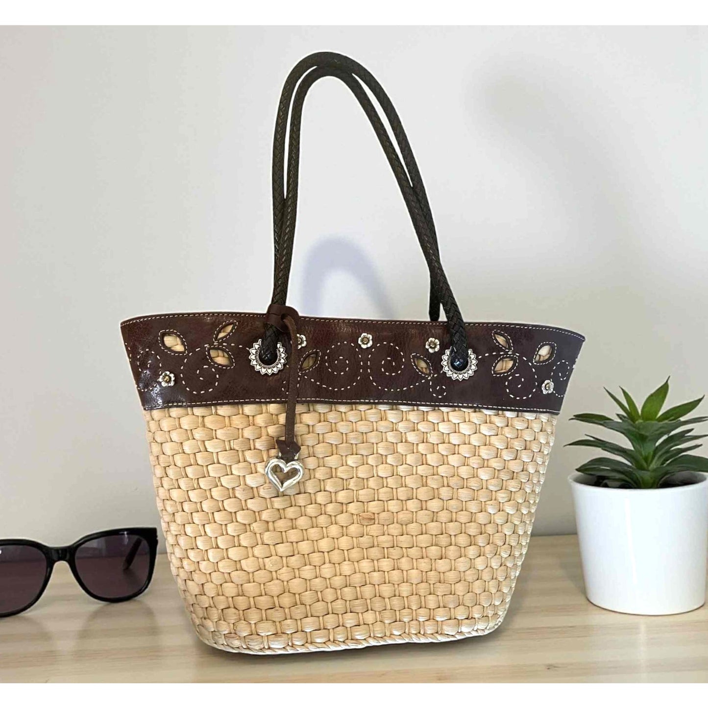ONLY ONE!!! Brighton Straw & Brown Leather Tote Bag w/Silver Heart Charm