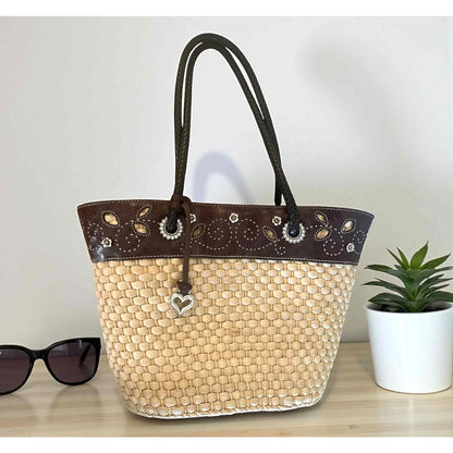 ONLY ONE!!! Brighton Straw & Brown Leather Tote Bag w/Silver Heart Charm