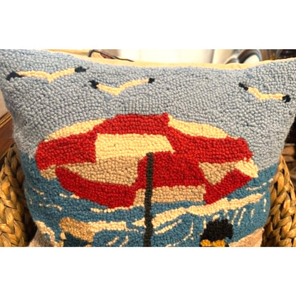Hooked Wool Coastal Beach Throw Pillow Nautical Ocean Accent 15.5”