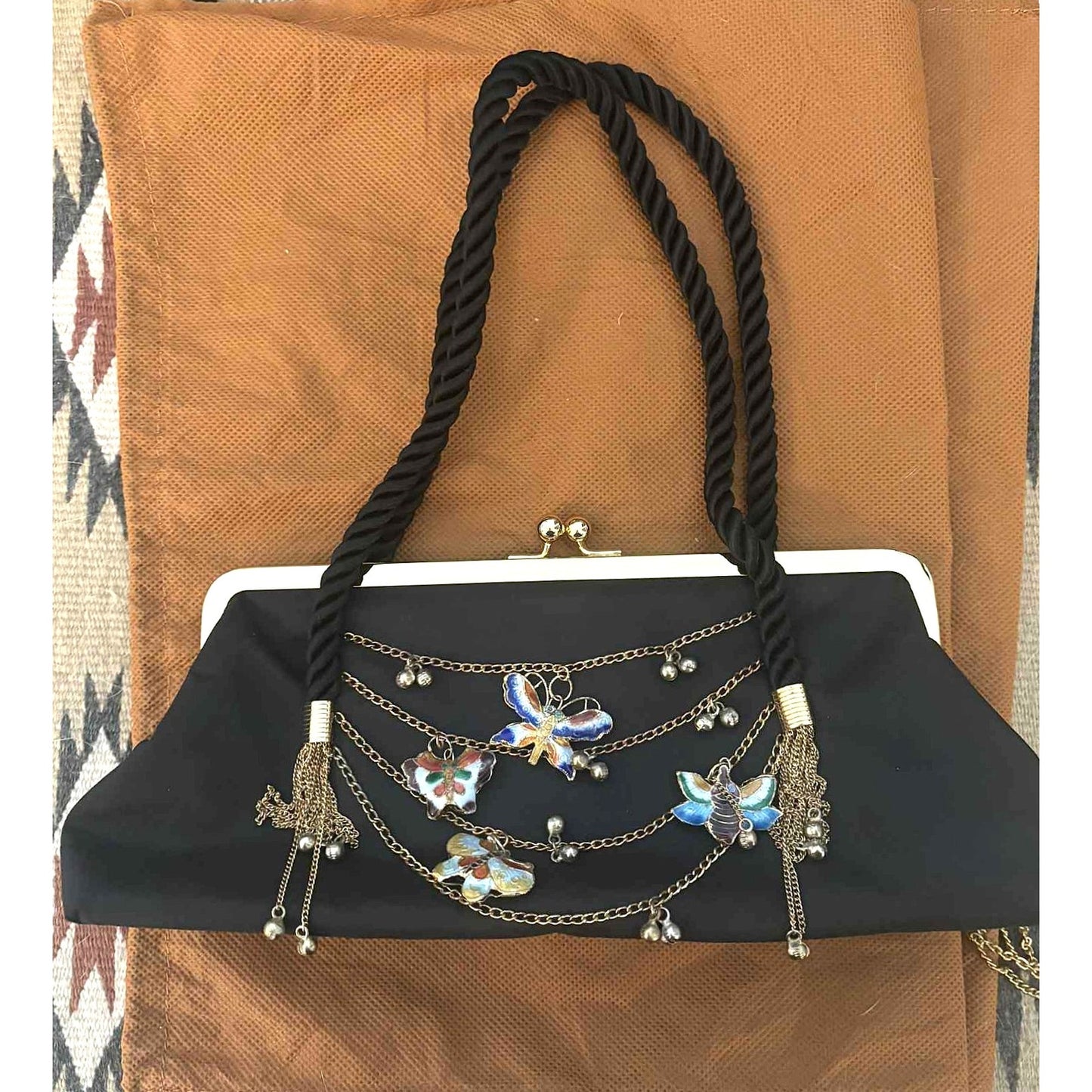 ONLY ONE!!! Vintage Inge Christopher Black Butterfly Charm Satin Evening Bag