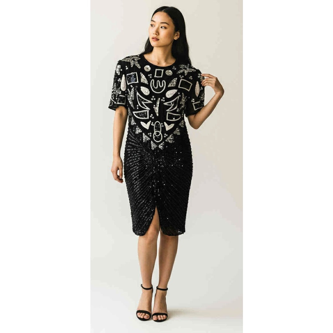 ONLY ONE!!! Vintage 1980s Black Sequin Beaded Cocktail Dress Geometric Art Deco Style ~ Size M