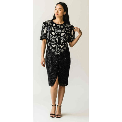 ONLY ONE!!! Vintage 1980s Black Sequin Beaded Cocktail Dress Geometric Art Deco Style ~ Size M