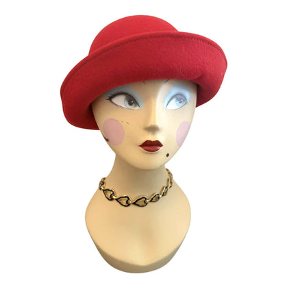 Vintage Red Wool Cloche Hat Black Ribbon USA Retro Chic