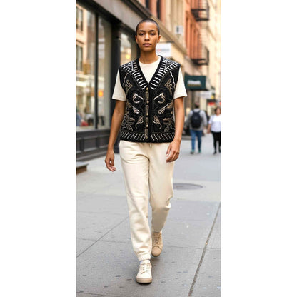 ONLY ONE!!! Vintage 1980s OUTLANDER Black Wool Vest w/Sequins Size M