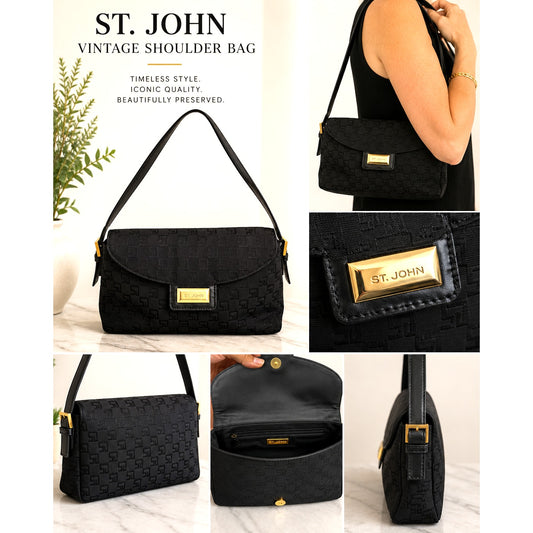 Vintage St. John Black Canvas & Leather Shoulder Bag Gold Hardware