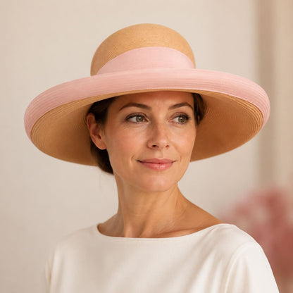 Vintage 1960s Wide Brim Straw Picture Hat with Blush Pink Bow