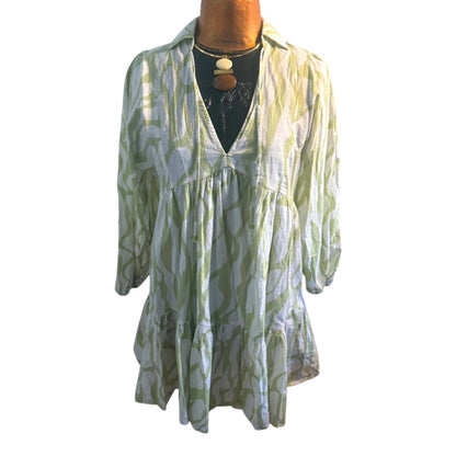 Zara Green White Abstract Print Tiered DressSize M