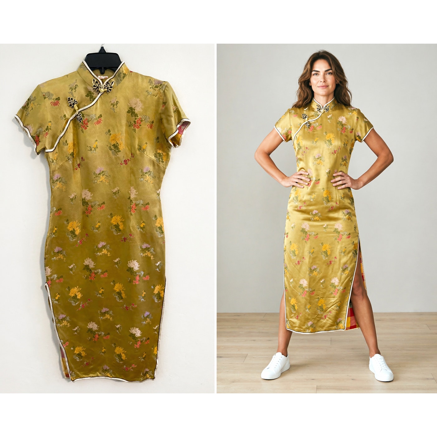 Vintage Gold Cheongsam Satin Dress Size 38