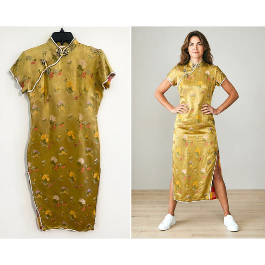 Vintage Gold Cheongsam Satin Dress Size 38
