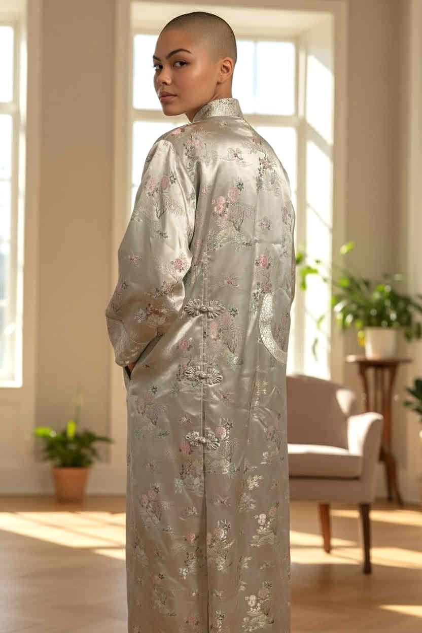 Vtg Gold Asian Satin Brocade Long Cheongsam Robe Jacket Embroidered Floral Sz XL