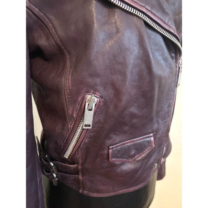 ONLY ONE!!! Amaryllis Distressed 100% Leather Moto Deep Jacket Purple Asymmetric Zip ~ Size S