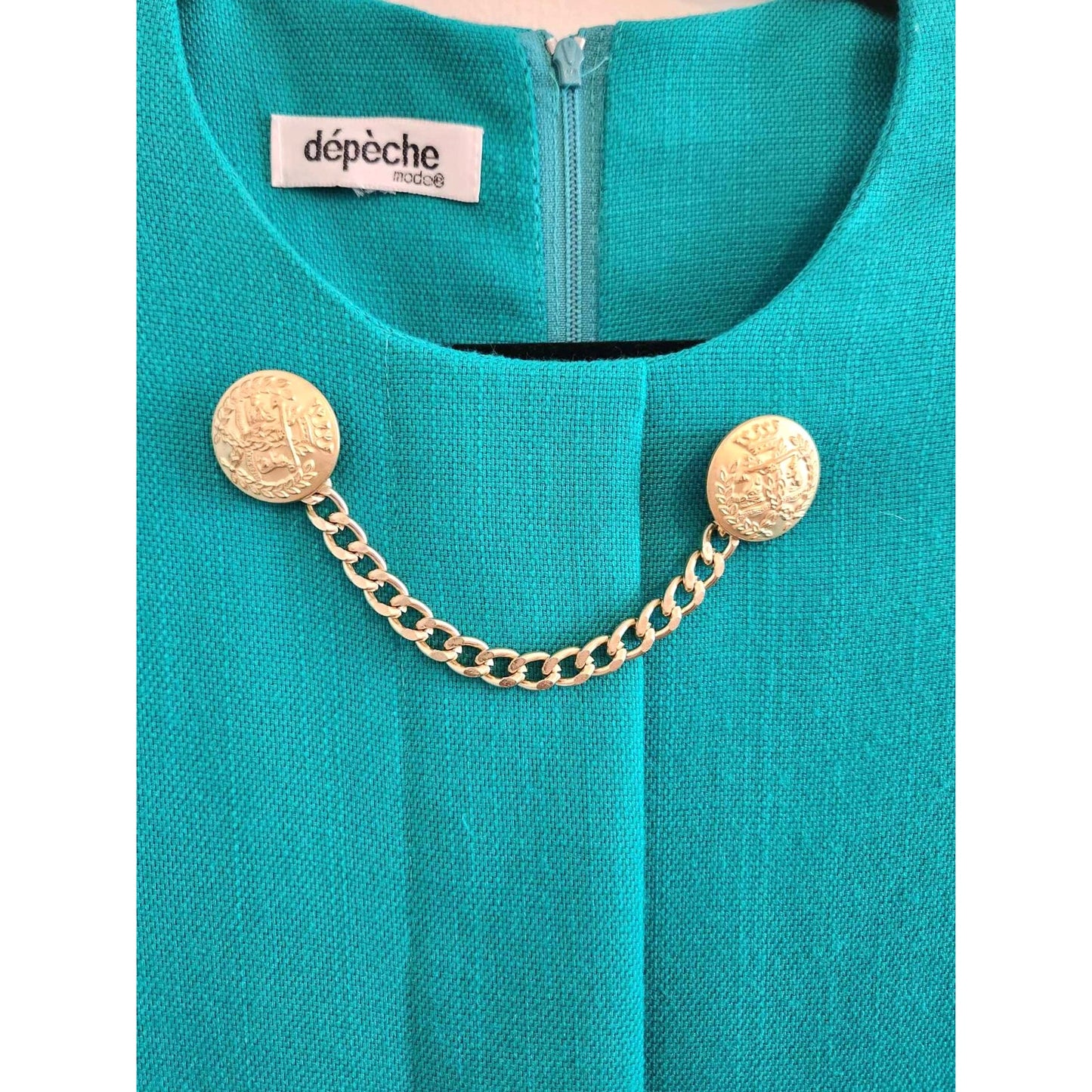 ONLY ONE!!! Vintage 1980s Depeche Mode Teal Sheath Dress ~ Gold Buttons Size 10
