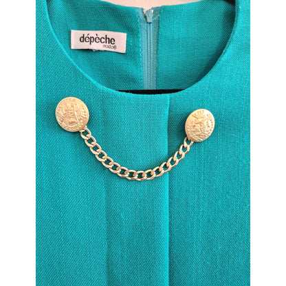 ONLY ONE!!! Vintage 1980s Depeche Mode Teal Sheath Dress ~ Gold Buttons Size 10