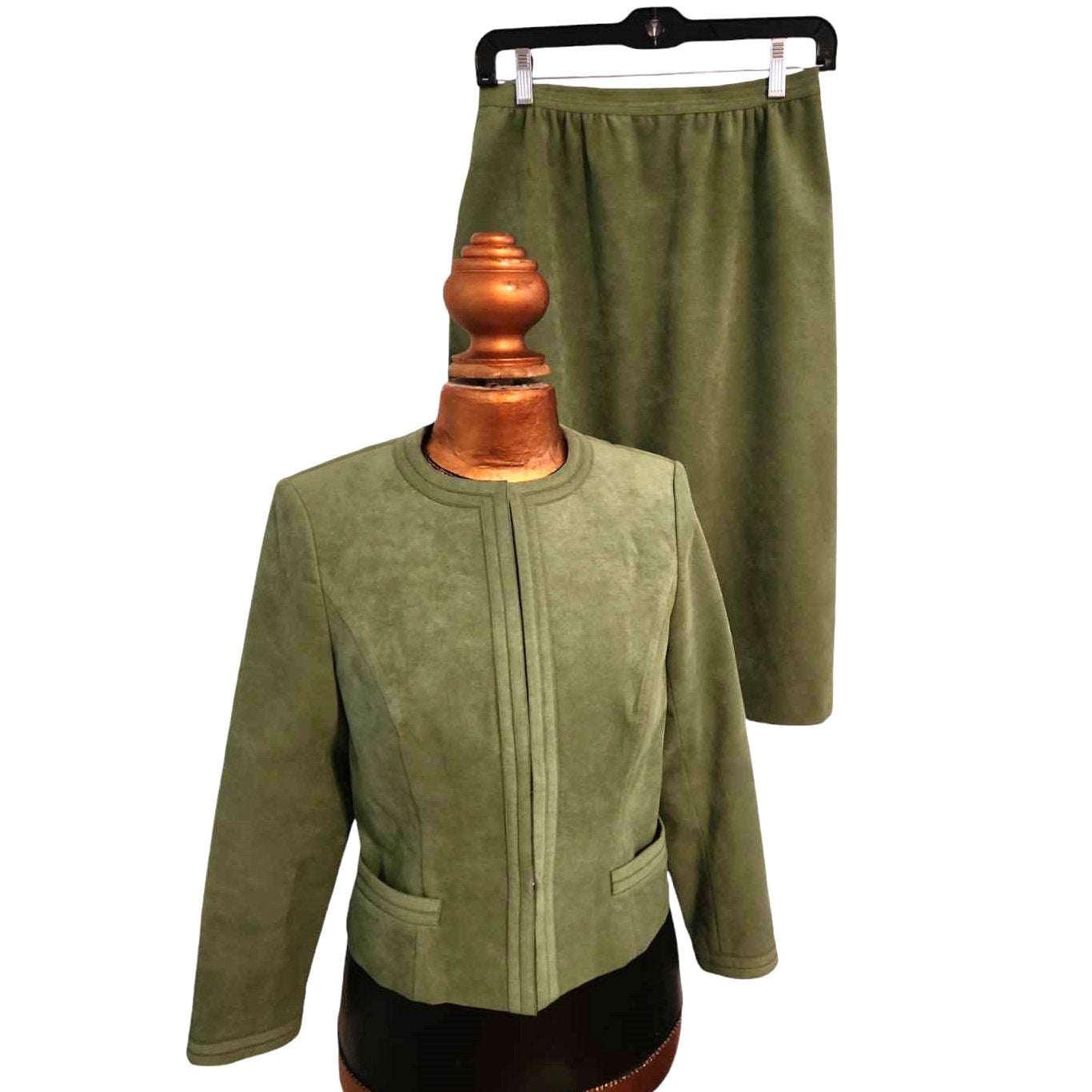 ONLY ONE!!! Vintage 1970s Moss Green Brushed Suede James Chen Skirt Suit Set ~ Size Small
