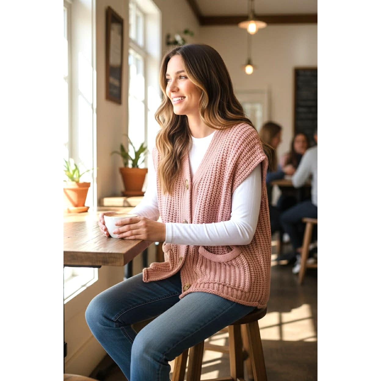 Hapnics Pink Chunky Knit Button-Front Sweater Vest | Size S