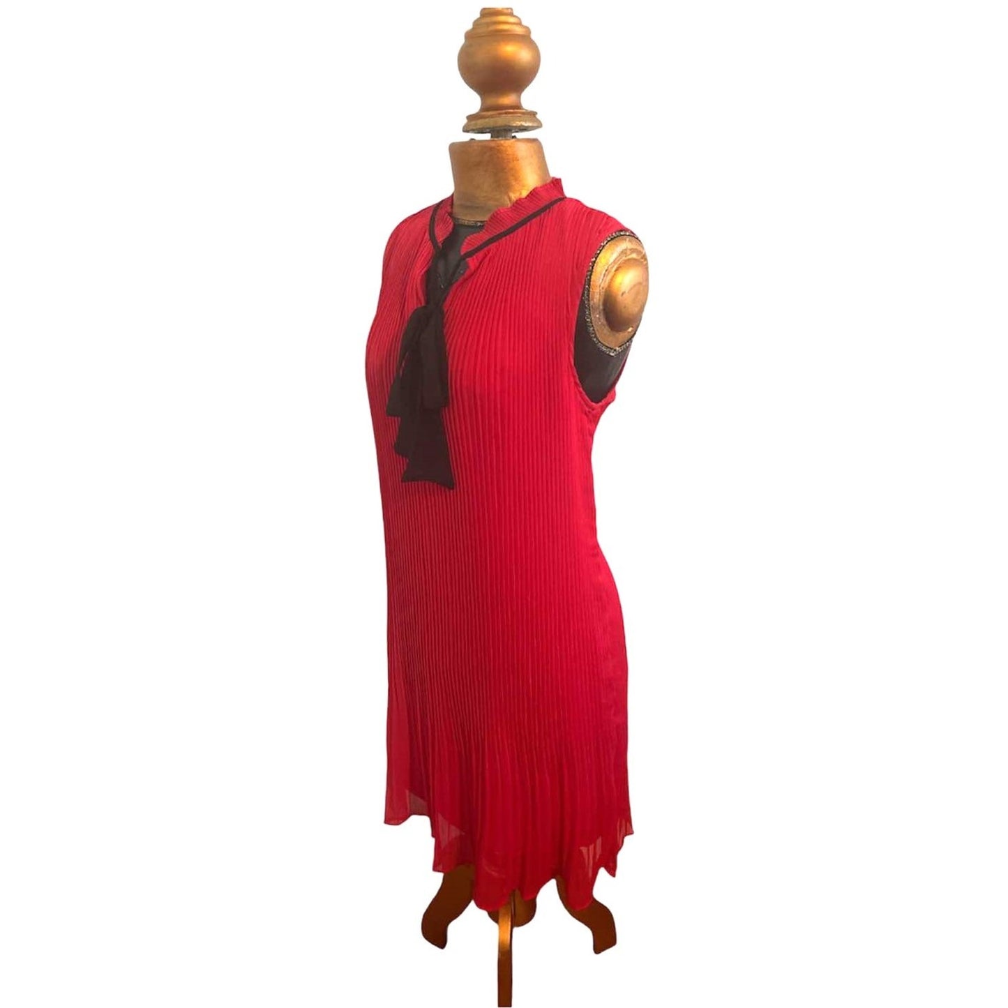 ONLY ONE!!! DKNY Red Pleated Chiffon Shift Dress with Black Bow Detail ~ Size 6
