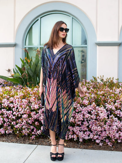 Midnight Lotus Sequin Caftan – One-Size Art Deco Glam