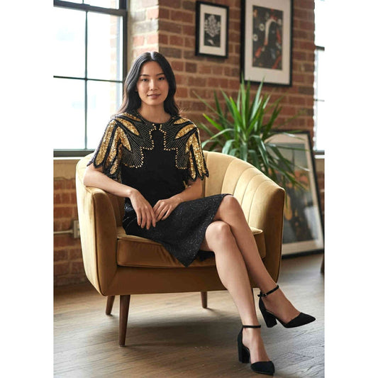 ONLY ONE!!! Vintage 1980s Stenay Black Gold Sequin Beaded Silk Dress ~ Petite 2