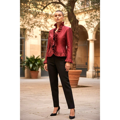 Lafayette 148 Silk Ruffle Jacket | Burgundy Made in NYC | Size 12