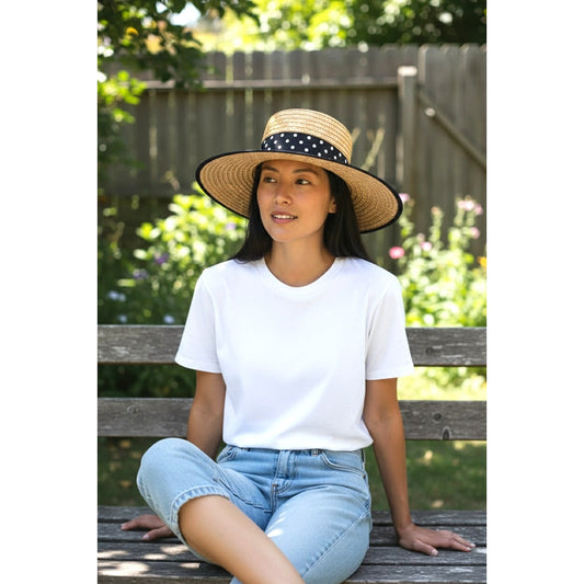 Vintage Eric Javits Straw Boater Hat | Bonwit Teller | Polka Dot Ribbon