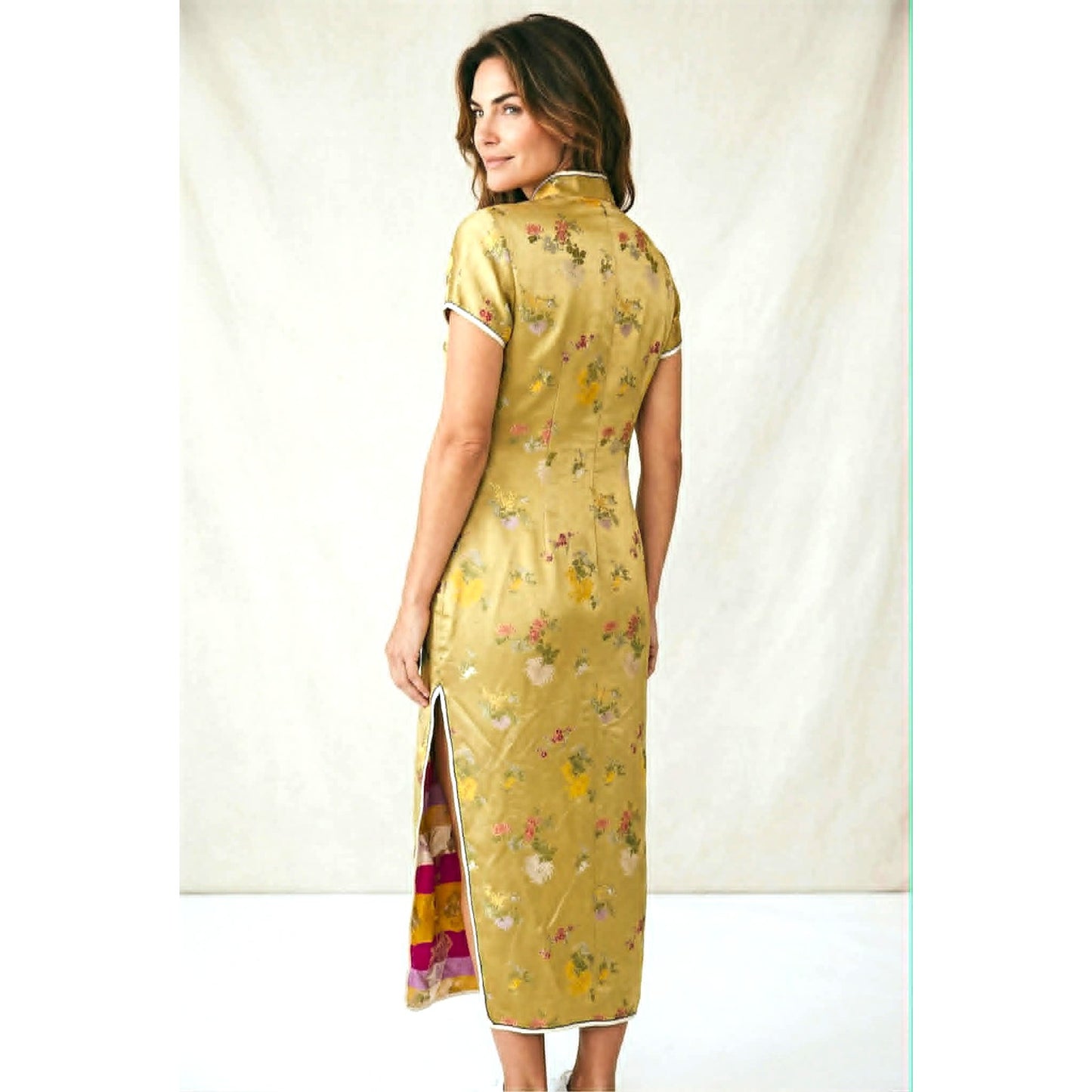 Vintage Gold Cheongsam Satin Dress Size 38