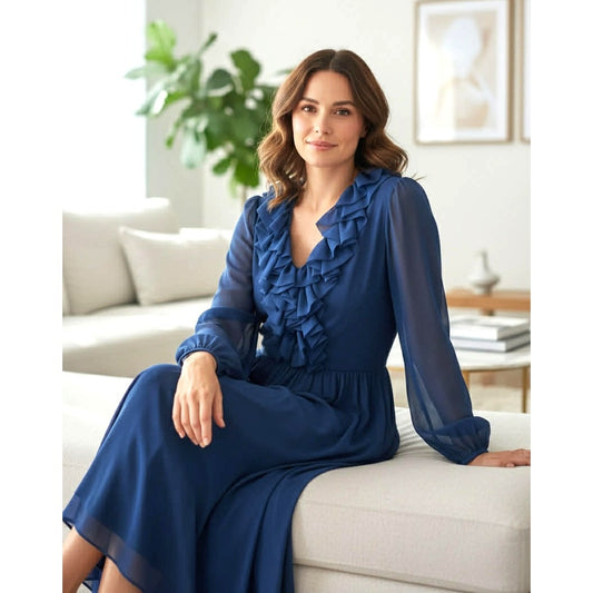 Vintage Hovland Swanson Blue Chiffon Ruffle Maxi Dress ~ Size S