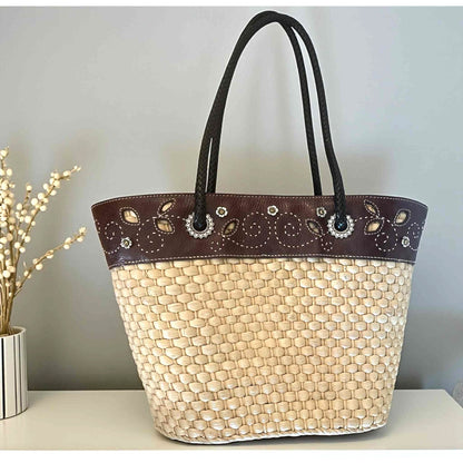 ONLY ONE!!! Brighton Straw & Brown Leather Tote Bag w/Silver Heart Charm