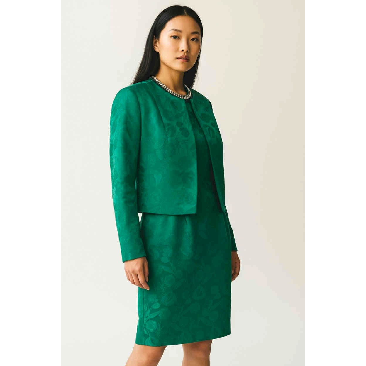 ONLY ONE!!! Vintage 1960s Emerald Satin Brocade 2-Piece Dress & Jacket Set Suit No Label S/M