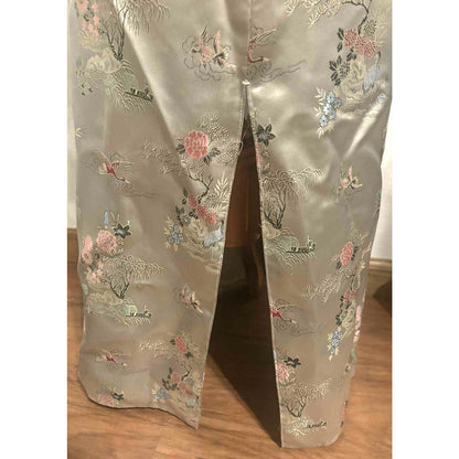Vtg Gold Asian Satin Brocade Long Cheongsam Robe Jacket Embroidered Floral Sz XL