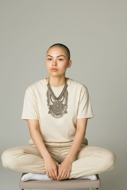 ONLY ONE!!! Vintage Gold Egyptian Revival Necklace Large Disc Circular Tassels Adjustable