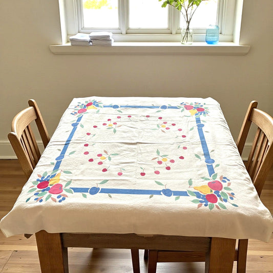 ONLY ONE!!! Vintage Fruit Print Cotton Tablecloth Colorful Mid Century Kitchen