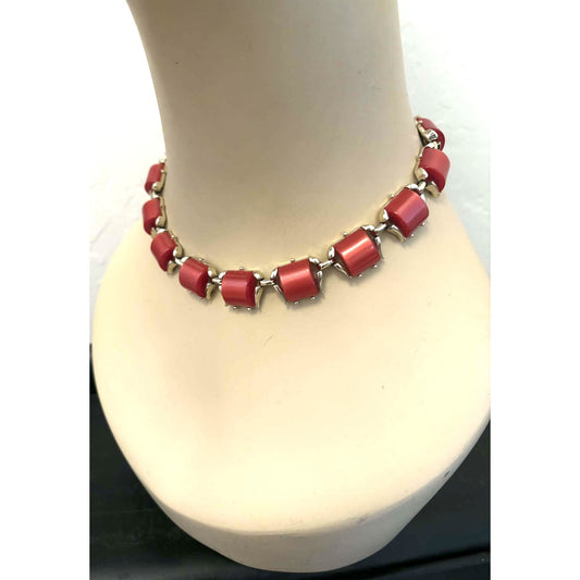 Vintage Coral Rust Resin Link Necklace with Silver-Tone Setting