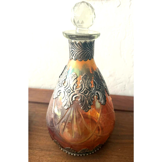 Vintage Iridescent Glass Decanter Silver Overlay