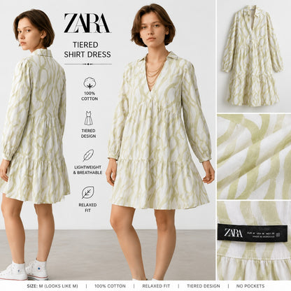 Zara Green White Abstract Print Tiered DressSize M