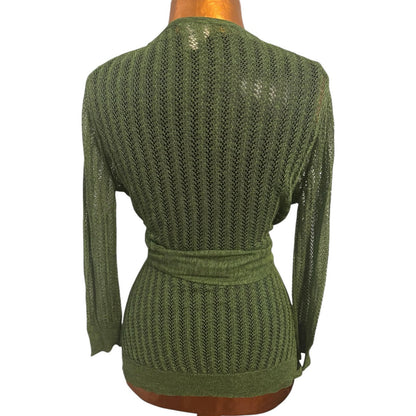 ONLY ONE!!! Tracy Reese New York Green Open Knit Tie Belt Cardigan Sweater ~ Size L