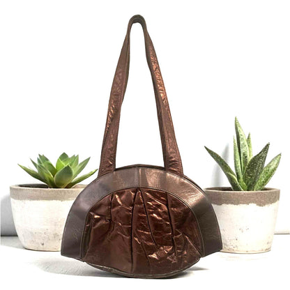 Vintage Genuine Leather Braided Shoulder Bag Metallic Bronze Brown Made in USA