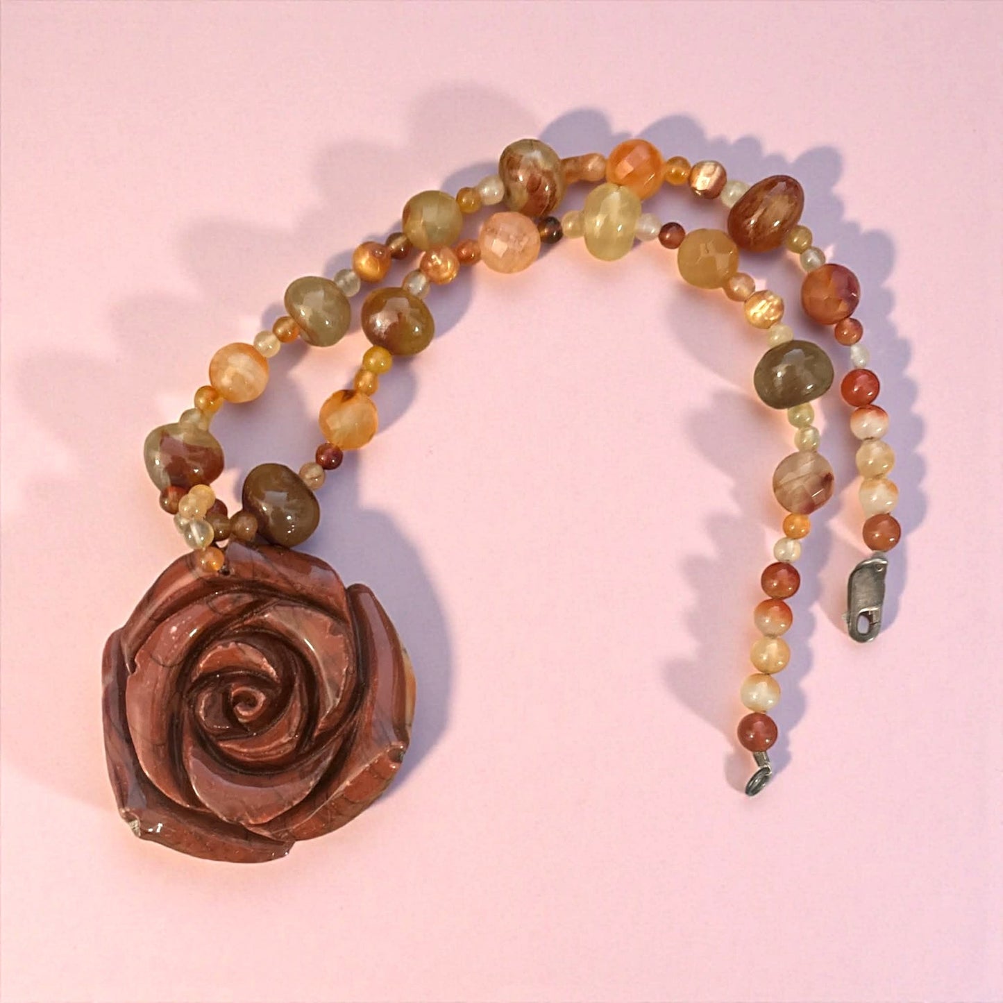 Carved Jasper Rose Pendant Necklace | Artisan Gemstone Statement