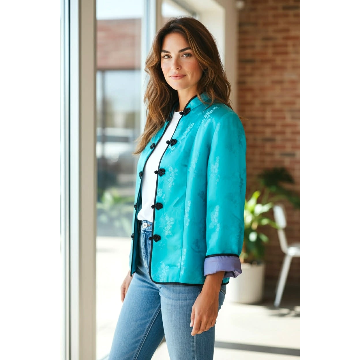 Vintage 1990s Turquoise Quilted Mandarin Jacket with Frog Closures | Size L