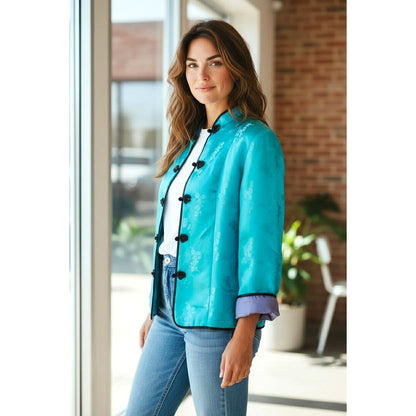 Vintage 1990s Turquoise Quilted Mandarin Jacket with Frog Closures | Size L