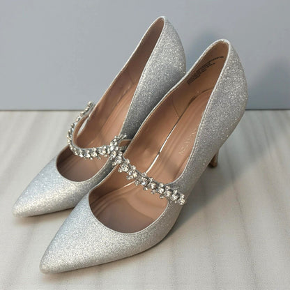 ONLY ONE!!! BCBG Generation Silver Glitter Branda Pointed Toe Pumps Rhinestone Strap ~ Size 8M