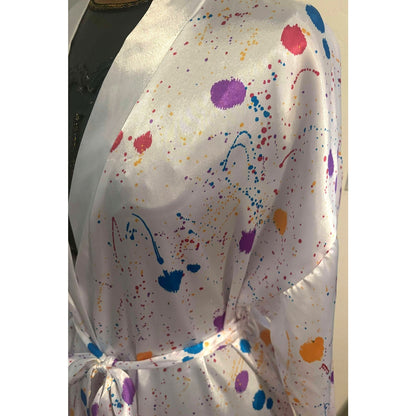 ONLY ONE!!! Vintage Intimate Affair Long White Satin Paint Splattered Robe ~ Size L