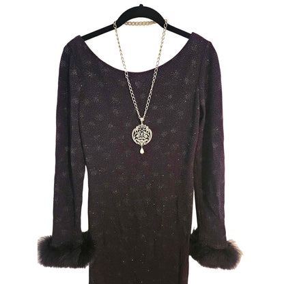 ONLY ONE!!! Vintage Evenings By Allen B Long Black Stretch Sparkle Gown ~ Feather Sleeve Cuffs 4