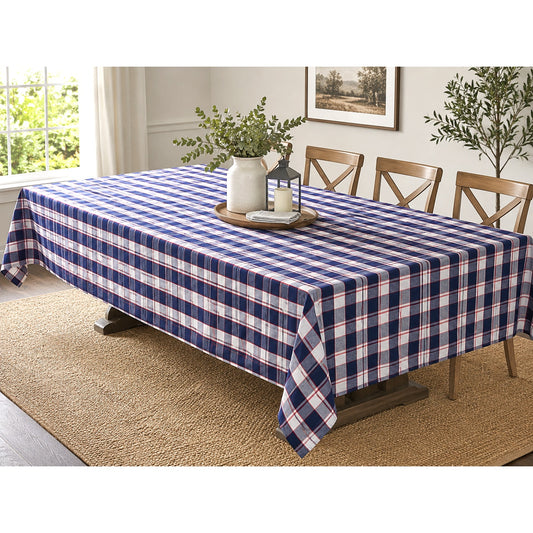 Sur La Table Oversized Red White Blue Plaid Cotton Tablecloth 67x180