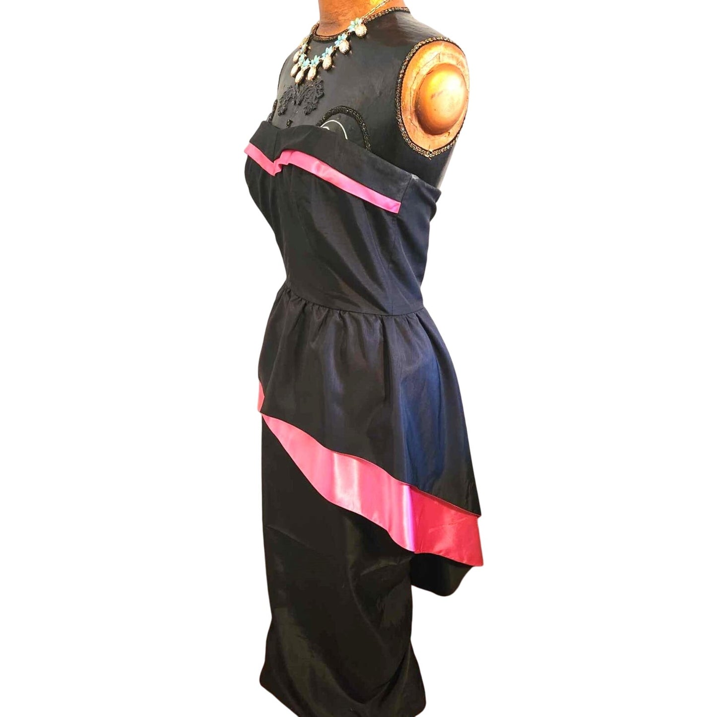 ONLY ONE!!! Vintage Karin Hamlen 1950s Strapless Black & Fuchsia Satin Peplum Cocktail Dress