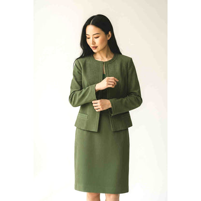 ONLY ONE!!! Vintage 1970s Moss Green Brushed Suede James Chen Skirt Suit Set ~ Size Small