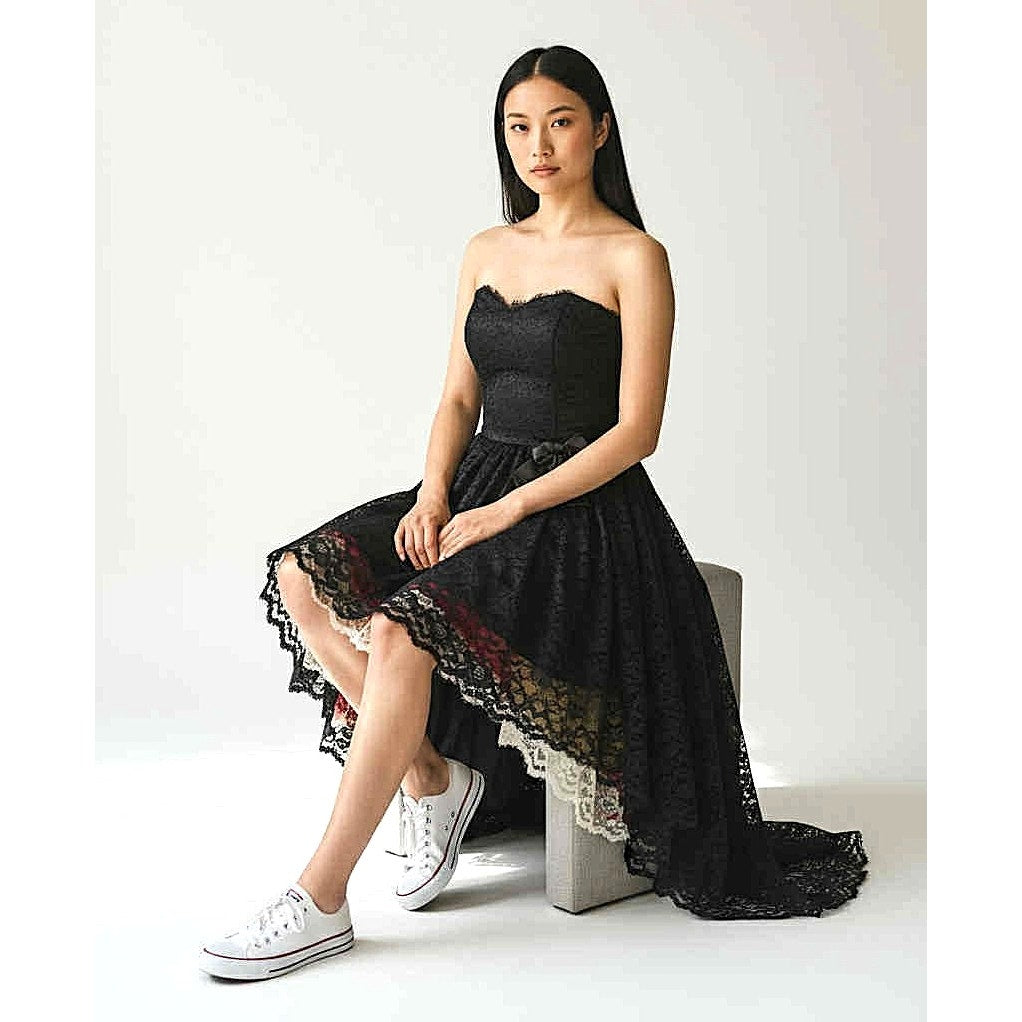 ONLY ONE!!! Vintage 1980s Midnight Glow Strapless Black Lace Party Dress ~ Size S