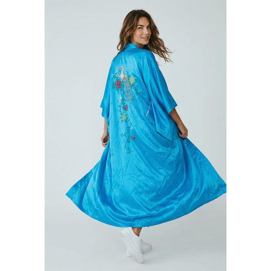 Vintage Blue Satin Embroidered  Kimono Robe