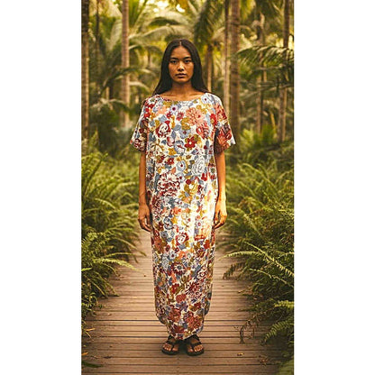 ONLY ONE!!! Vintage 1970s Made in Hawaii 100% Cotton Long Floral Maxi Dress M